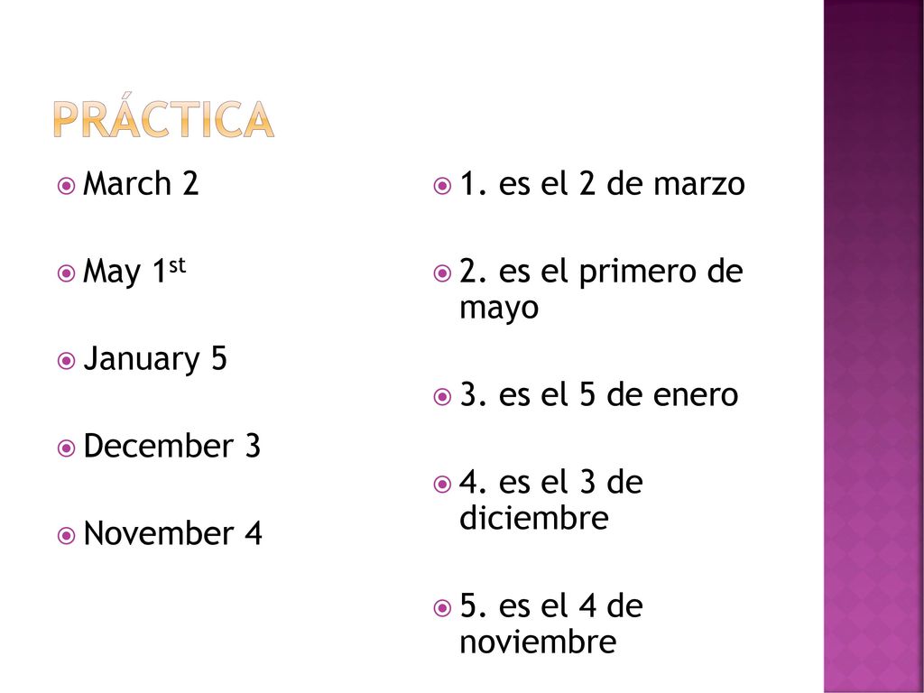 Práctica March 2 May 1st January 5 December 3 November 4