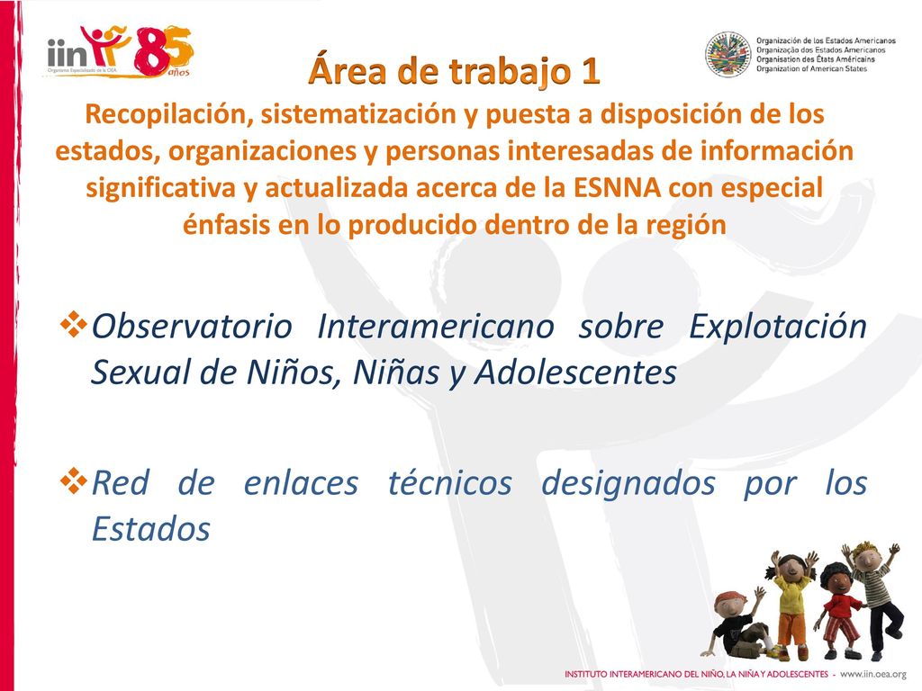 Área de trabajo 1 Recopilación, sistematización y puesta a disposición de los estados, organizaciones y personas interesadas de información significativa y actualizada acerca de la ESNNA con especial énfasis en lo producido dentro de la región