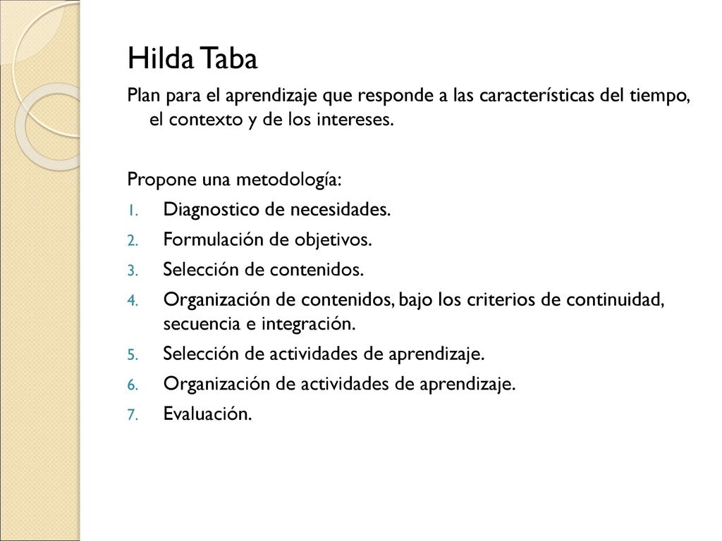 Hilda Taba Plan para el aprendizaje que responde a las características del tiempo, el contexto y de los intereses.
