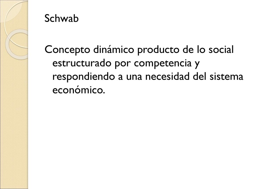 Schwab Concepto dinámico producto de lo social estructurado por competencia y respondiendo a una necesidad del sistema económico.