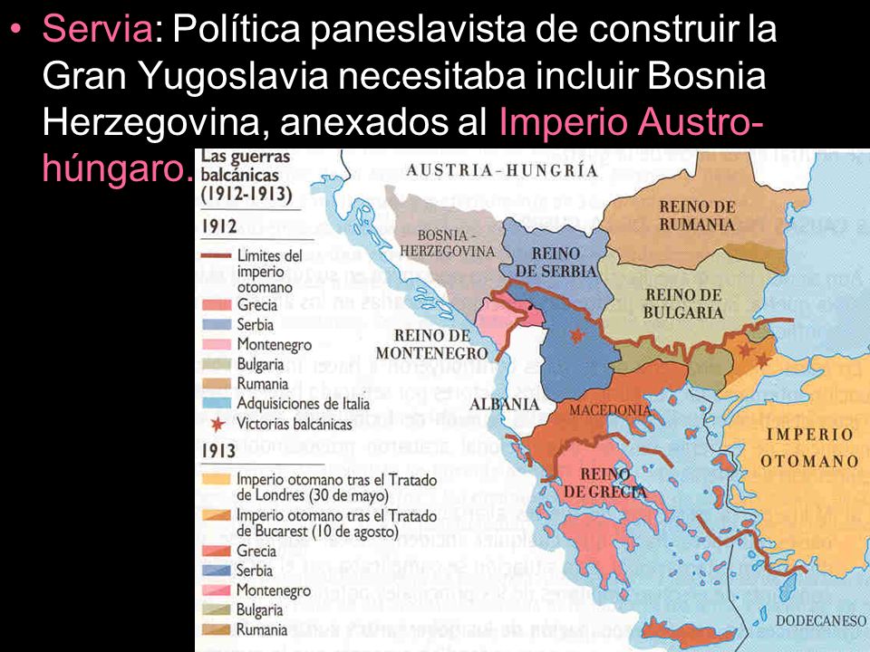 Servia: Política paneslavista de construir la Gran Yugoslavia necesitaba incluir Bosnia Herzegovina, anexados al Imperio Austro-húngaro.