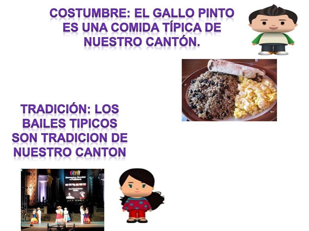 costumbre: el gallo pinto es una comida típica DE nuestro CANTÓN.