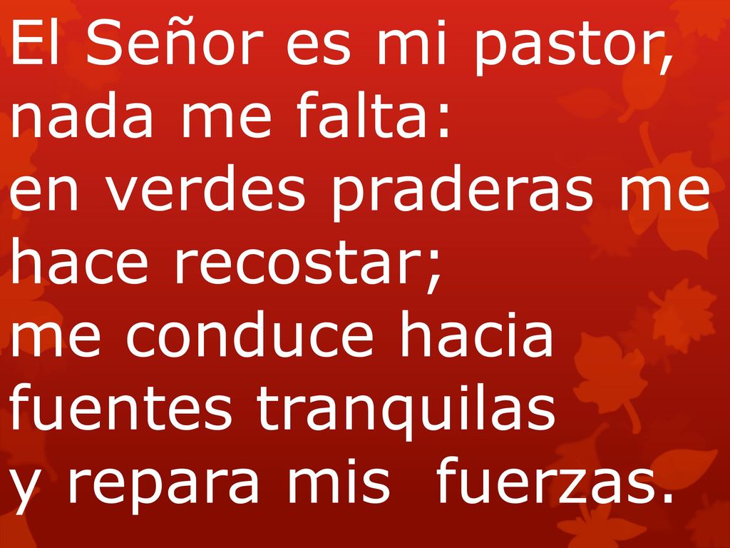 El Señor es mi pastor, nada me falta: en verdes praderas me hace recostar; me conduce hacia fuentes tranquilas y repara mis fuerzas.