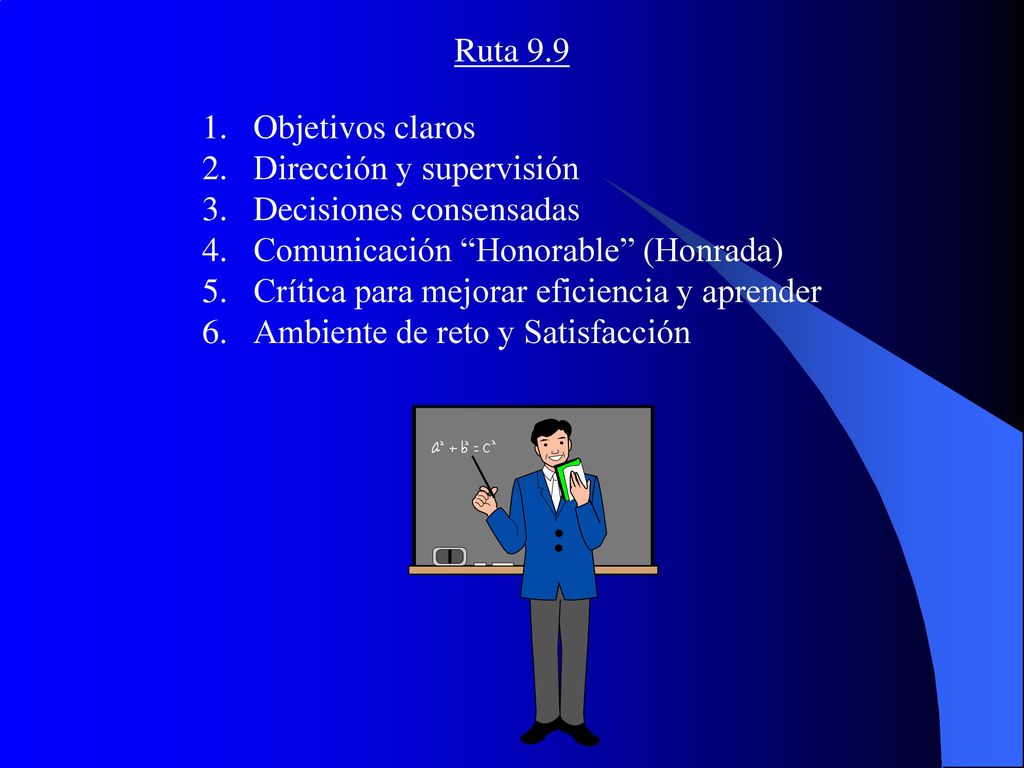 Ruta 9.9 Objetivos claros. Dirección y supervisión. Decisiones consensadas. Comunicación Honorable (Honrada)