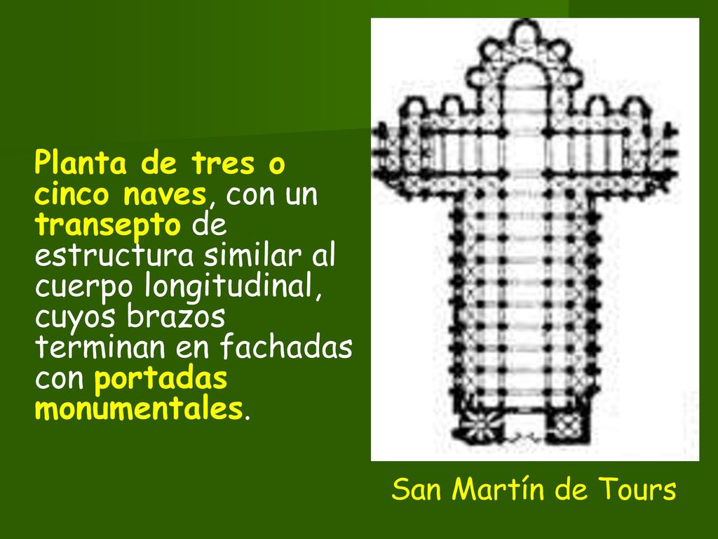 Planta de tres o cinco naves, con un transepto de estructura similar al cuerpo longitudinal, cuyos brazos terminan en fachadas con portadas monumentales.