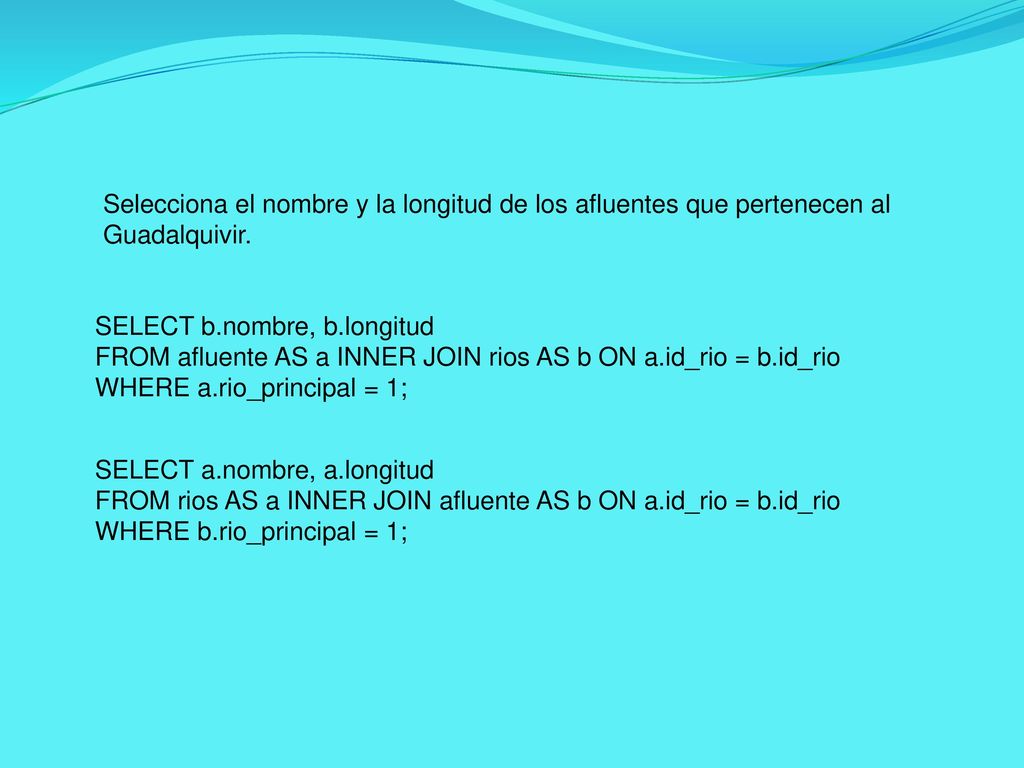 Selecciona el nombre y la longitud de los afluentes que pertenecen al