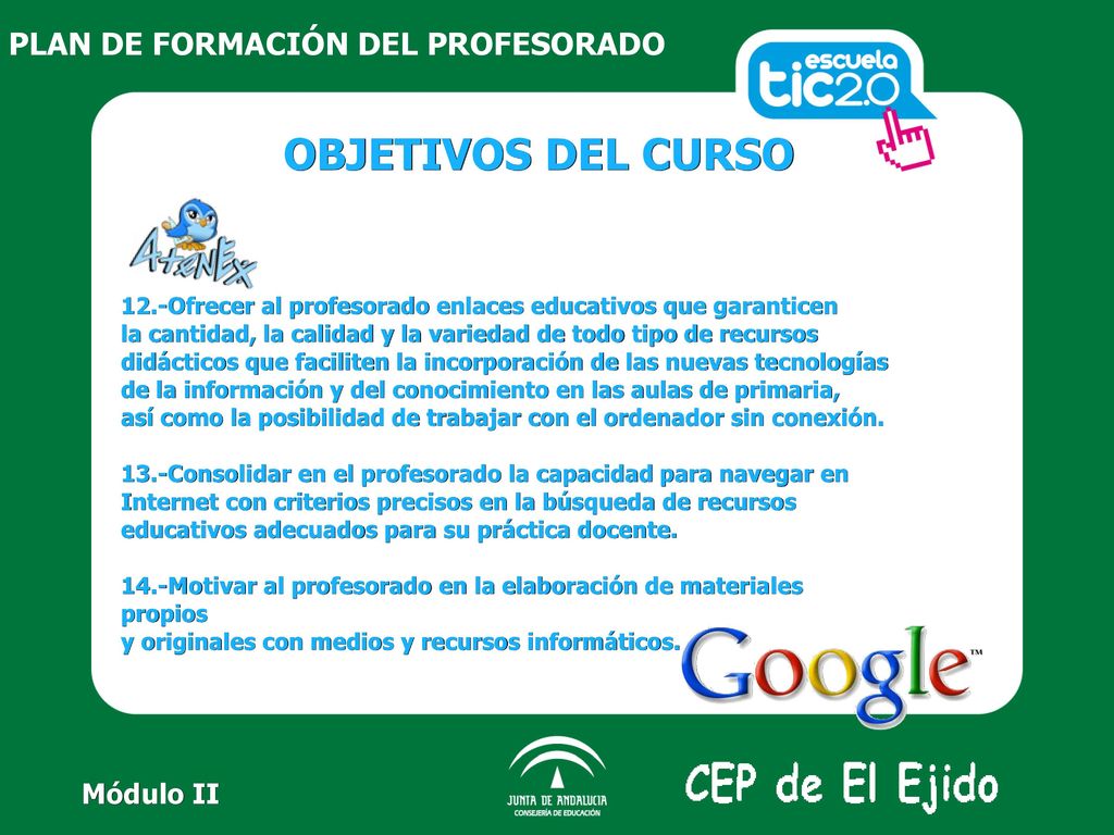 OBJETIVOS DEL CURSO PLAN DE FORMACIÓN DEL PROFESORADO Módulo II