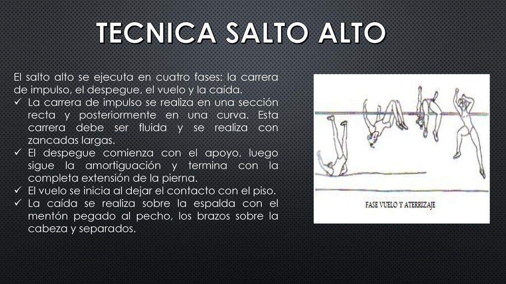 TECNICA SALTO ALTO El salto alto se ejecuta en cuatro fases: la carrera de impulso, el despegue, el vuelo y la caída.