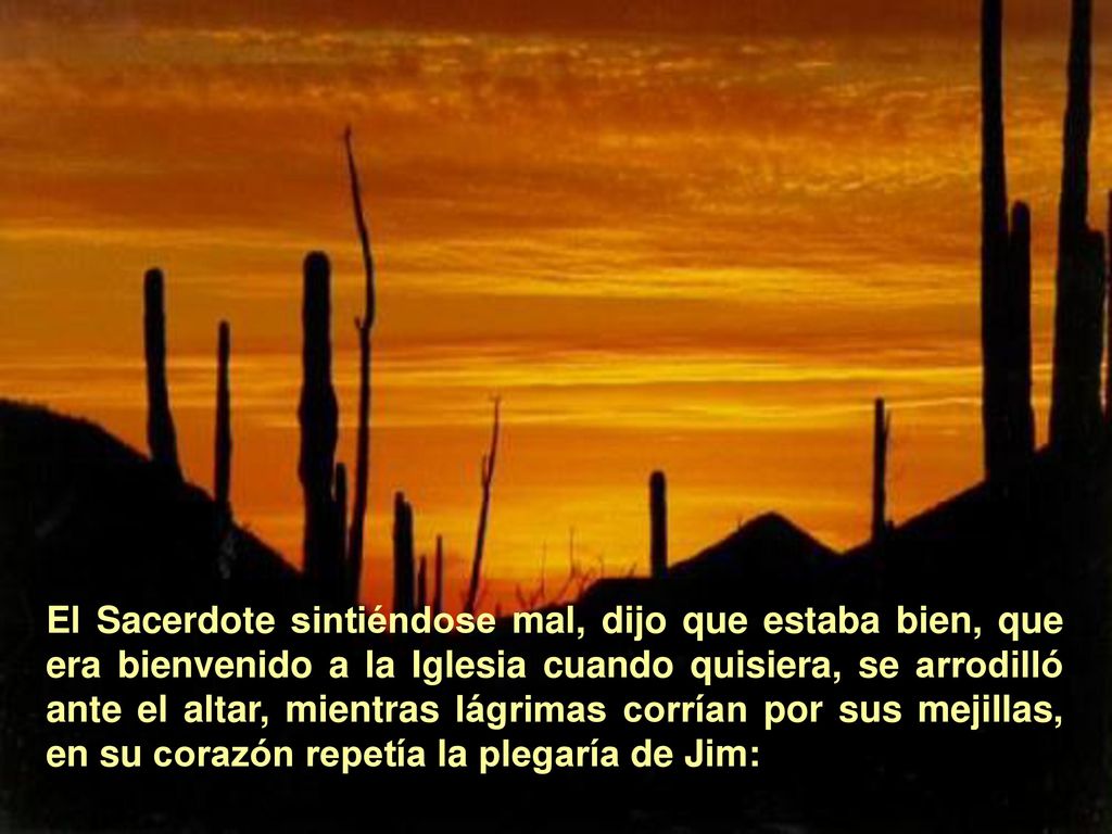 El Sacerdote sintiéndose mal, dijo que estaba bien, que era bienvenido a la Iglesia cuando quisiera, se arrodilló ante el altar, mientras lágrimas corrían por sus mejillas, en su corazón repetía la plegaría de Jim:
