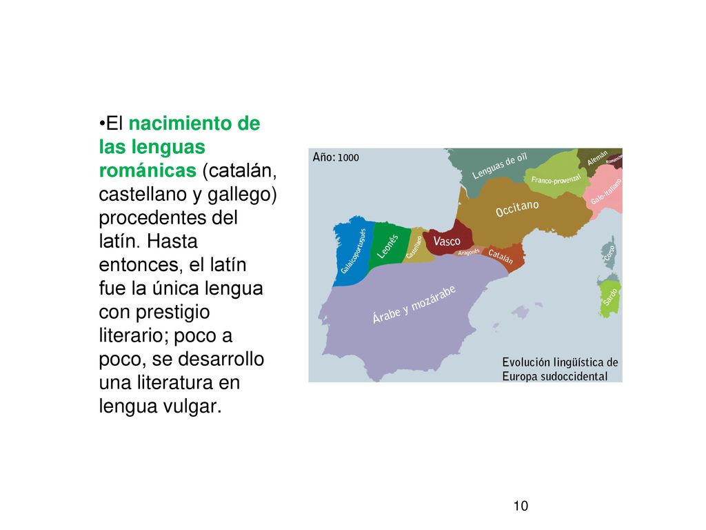 •El nacimiento de las lenguas románicas (catalán, castellano y gallego) procedentes del latín.