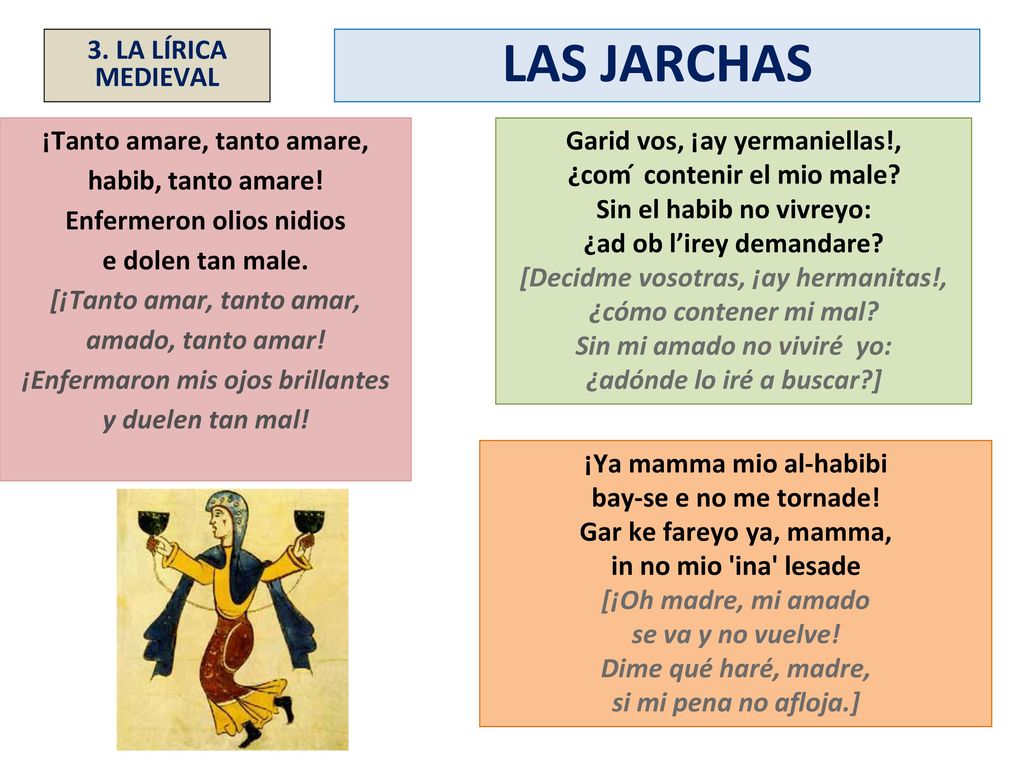 LAS JARCHAS 3. LA LÍRICA MEDIEVAL ¡Tanto amare, tanto amare,