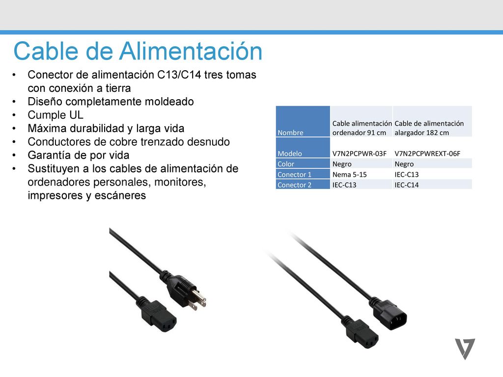 Cable de Alimentación Conector de alimentación C13/C14 tres tomas con conexión a tierra. Diseño completamente moldeado.