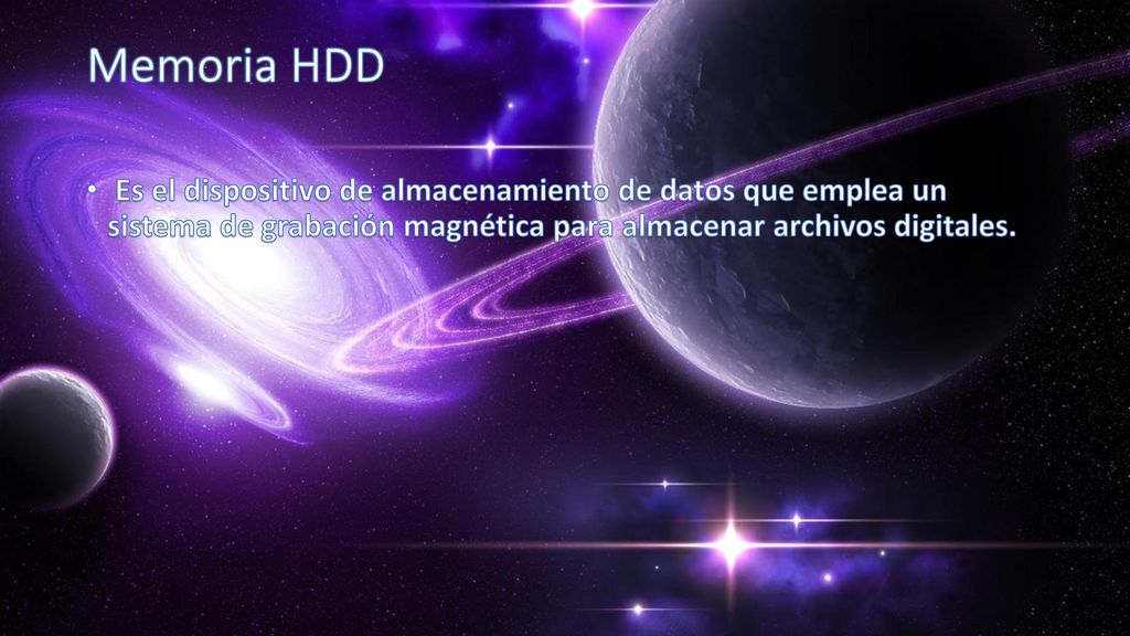 Memoria HDD Es el dispositivo de almacenamiento de datos que emplea un sistema de grabación magnética para almacenar archivos digitales.