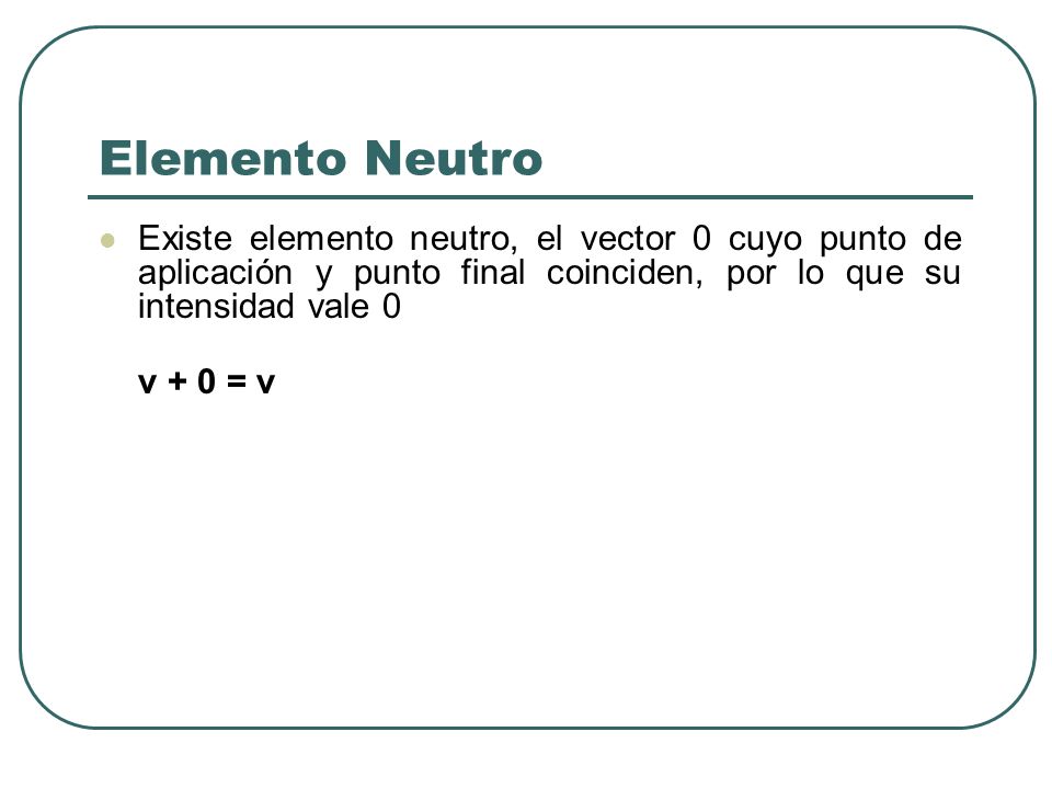 Elemento Neutro Existe elemento neutro, el vector 0 cuyo punto de aplicación y punto final coinciden, por lo que su intensidad vale 0.