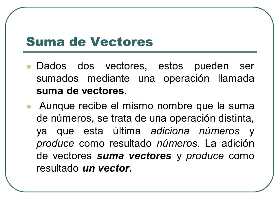 Suma de Vectores Dados dos vectores, estos pueden ser sumados mediante una operación llamada suma de vectores.