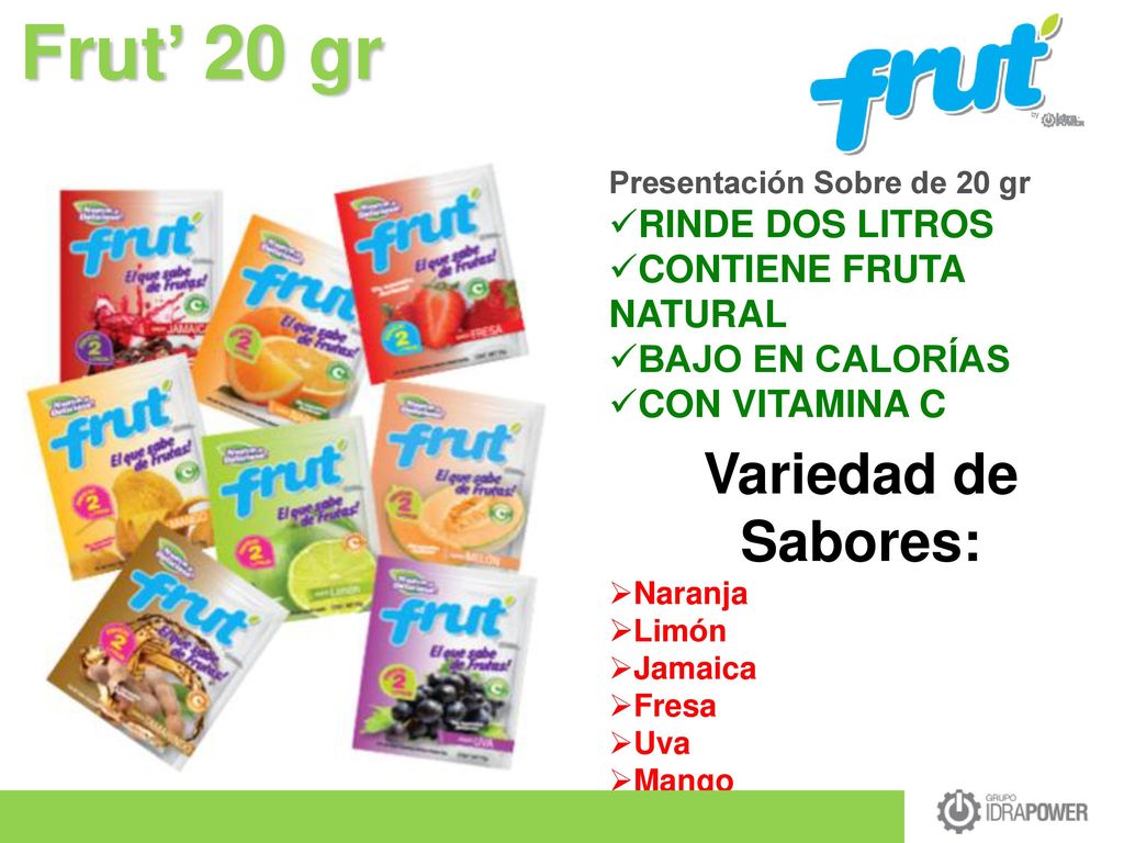 Frut’ 20 gr Variedad de Sabores: RINDE DOS LITROS