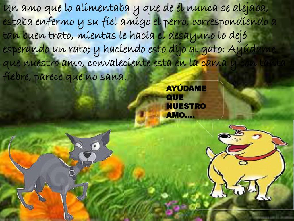 Un amo que lo alimentaba y que de él nunca se alejaba, estaba enfermo y su fiel amigo el perro, correspondiendo a tan buen trato, mientas le hacía el desayuno lo dejó esperando un rato; y haciendo esto dijo al gato: Ayúdame que nuestro amo, convaleciente esta en la cama y con tanta fiebre, parece que no sana.