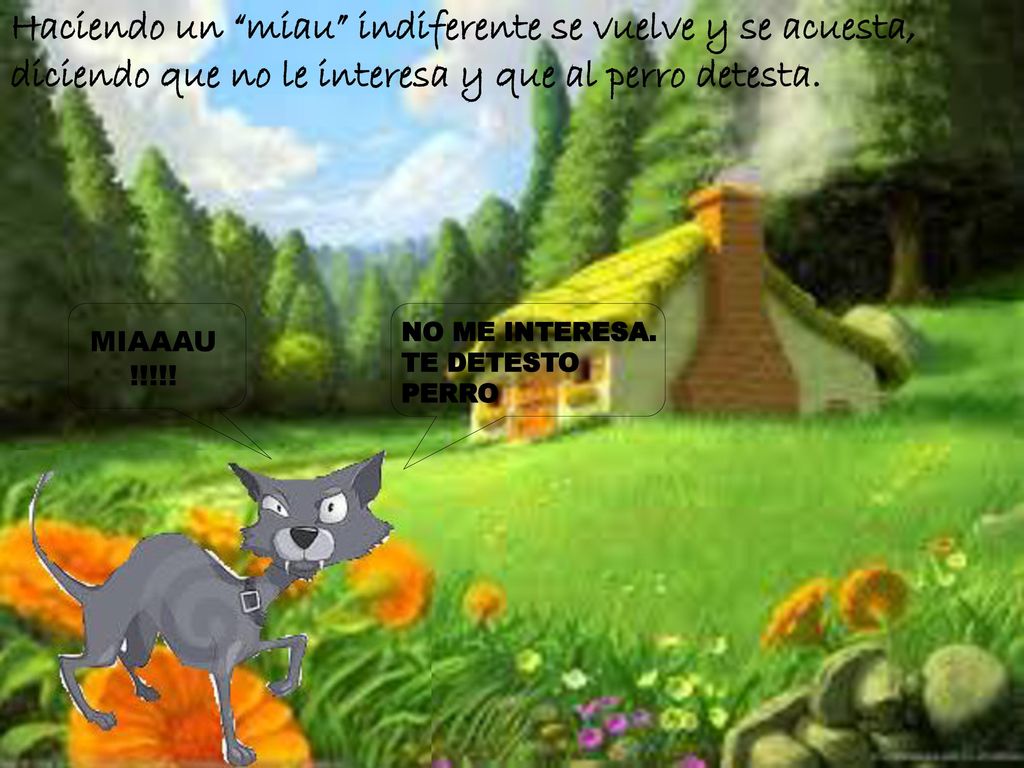 Haciendo un miau indiferente se vuelve y se acuesta, diciendo que no le interesa y que al perro detesta.