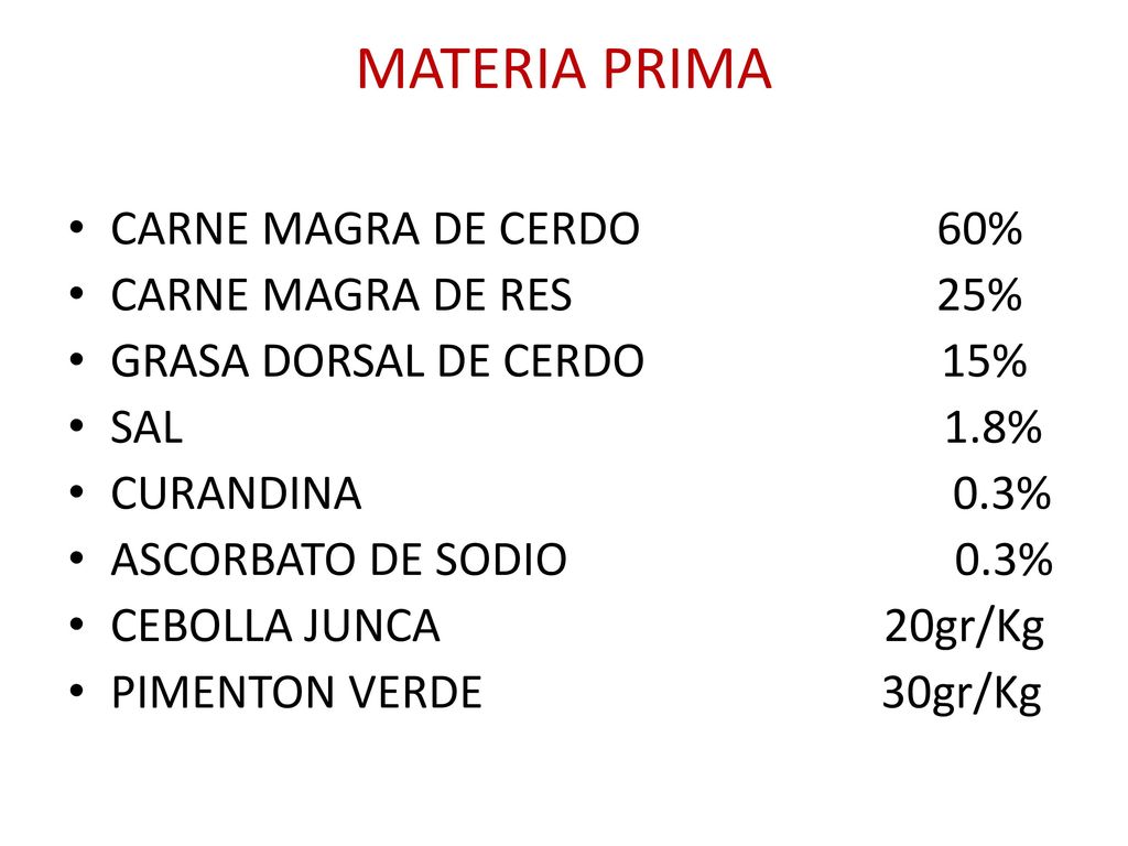 MATERIA PRIMA CARNE MAGRA DE CERDO 60% CARNE MAGRA DE RES 25%