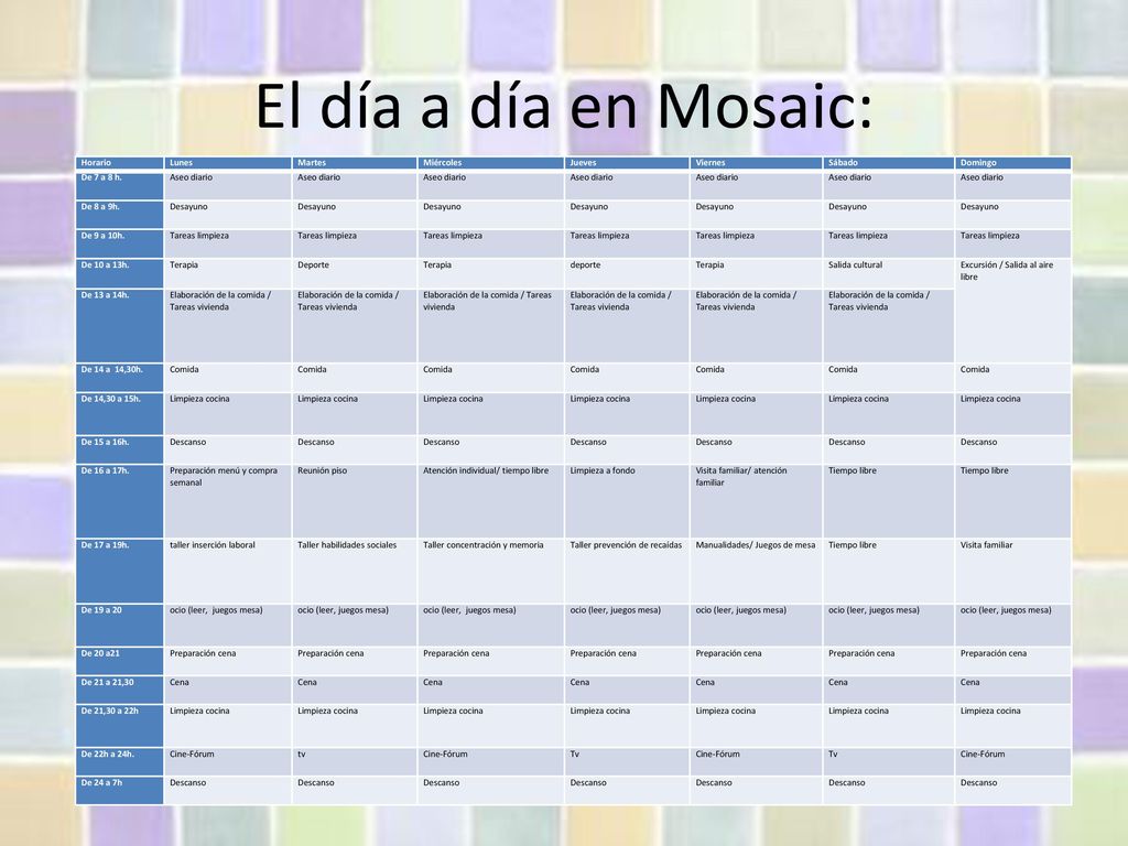 El día a día en Mosaic: Horario Lunes Martes Miércoles Jueves Viernes