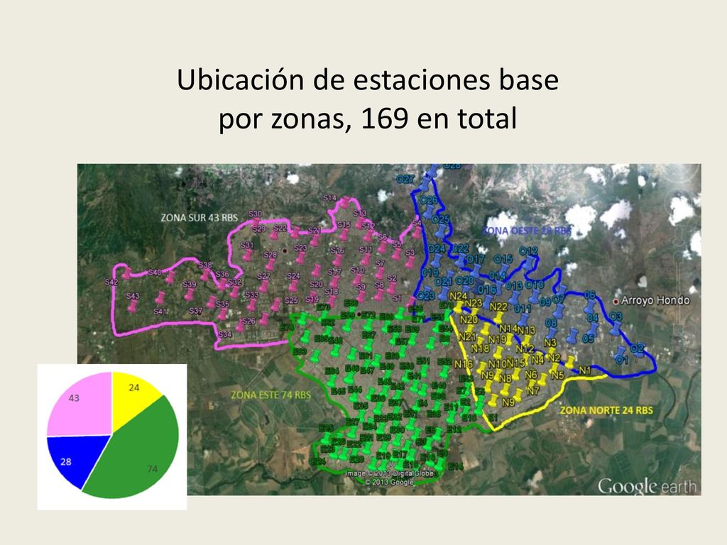 Ubicación de estaciones base por zonas, 169 en total