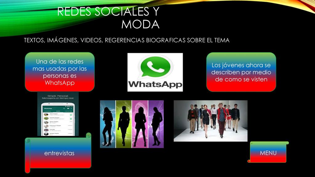 Redes sociales y moda TEXTOS, IMÁGENES, VIDEOS, REGERENCIAS BIOGRAFICAS SOBRE EL TEMA. Una de las redes mas usadas por las personas es WhatsApp.