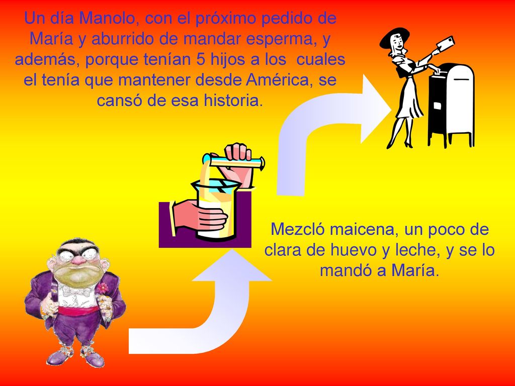 Un día Manolo, con el próximo pedido de María y aburrido de mandar esperma, y además, porque tenían 5 hijos a los cuales el tenía que mantener desde América, se cansó de esa historia.