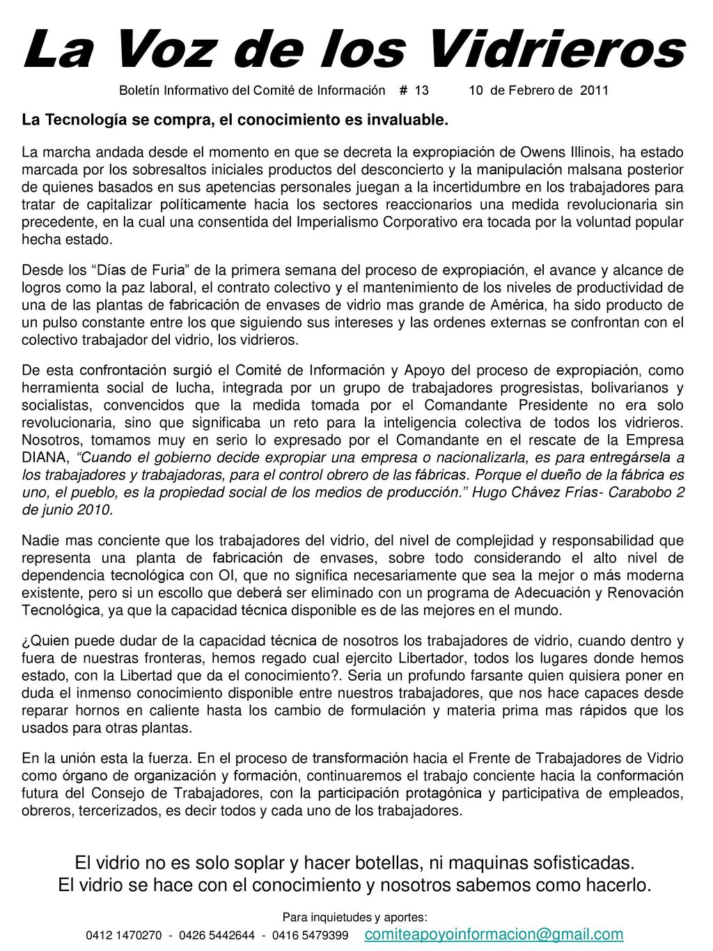 La Voz de los Vidrieros Boletín Informativo del Comité de Información # de Febrero de