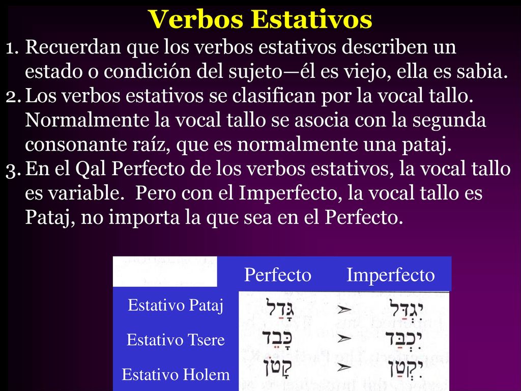 Verbos Estativos Recuerdan que los verbos estativos describen un estado o condición del sujeto—él es viejo, ella es sabia.