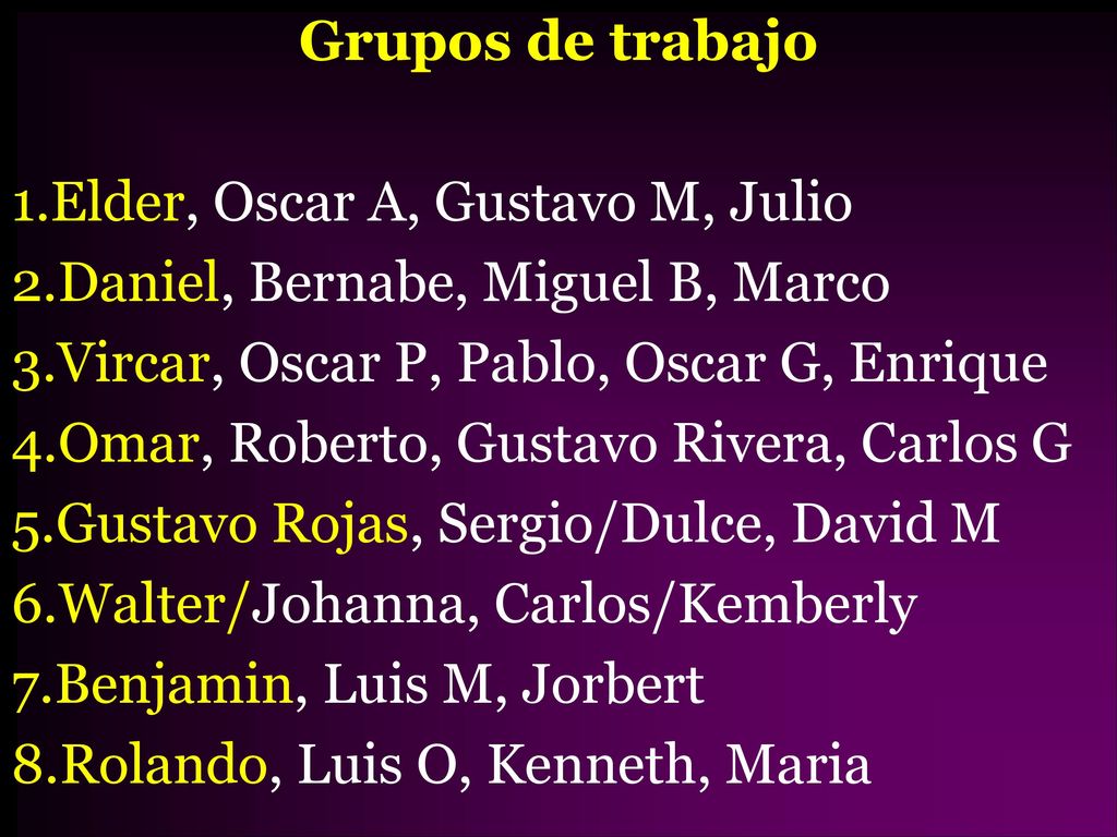 Grupos de trabajo Elder, Oscar A, Gustavo M, Julio. Daniel, Bernabe, Miguel B, Marco. Vircar, Oscar P, Pablo, Oscar G, Enrique.