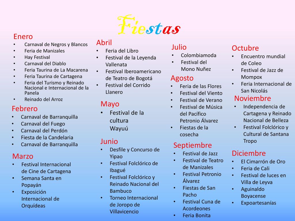 Fiestas Enero Abril Julio Octubre Agosto Noviembre Mayo Febrero Junio