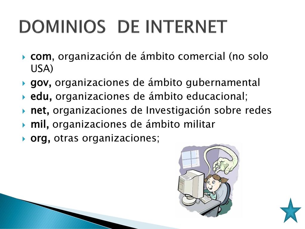 DOMINIOS DE INTERNET com, organización de ámbito comercial (no solo USA) gov, organizaciones de ámbito gubernamental.