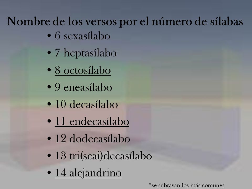 Nombre de los versos por el número de sílabas