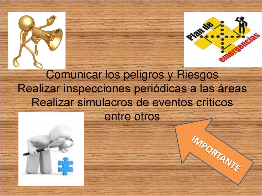 Comunicar los peligros y Riesgos Realizar inspecciones periódicas a las áreas Realizar simulacros de eventos críticos entre otros