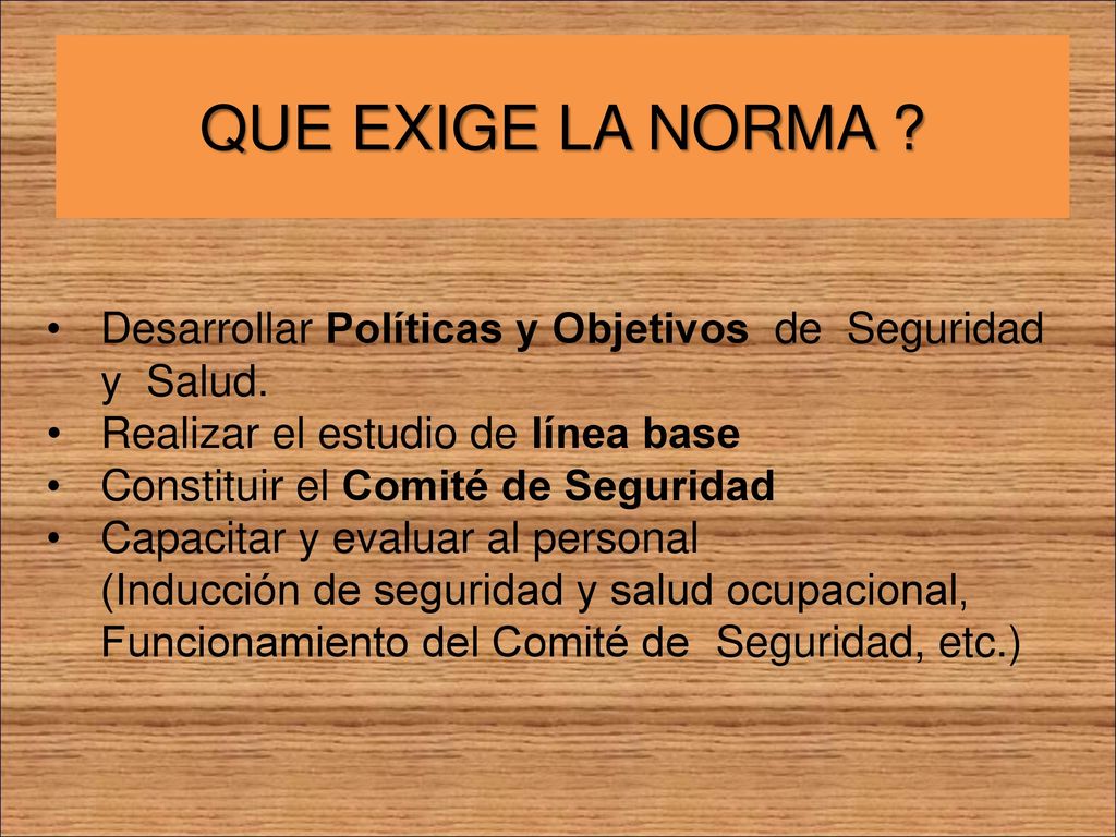 QUE EXIGE LA NORMA Desarrollar Políticas y Objetivos de Seguridad y Salud. Realizar el estudio de línea base.