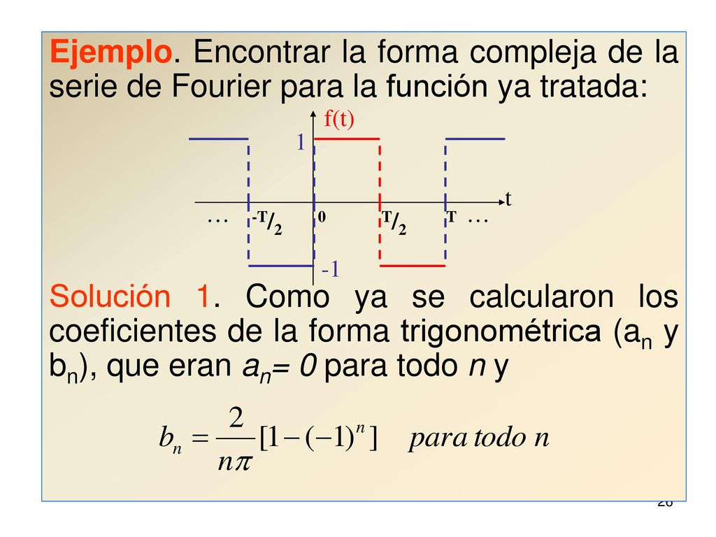 Ejemplo. Encontrar la forma compleja de la serie de Fourier para la función ya tratada: