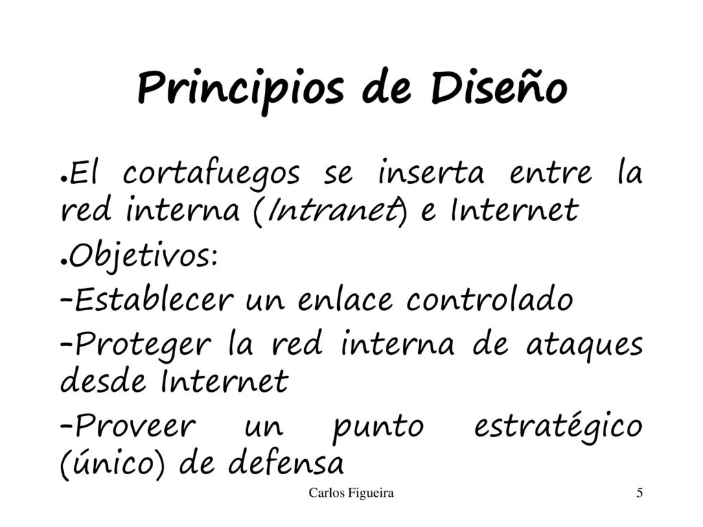 Principios de Diseño El cortafuegos se inserta entre la red interna (Intranet) e Internet. Objetivos: