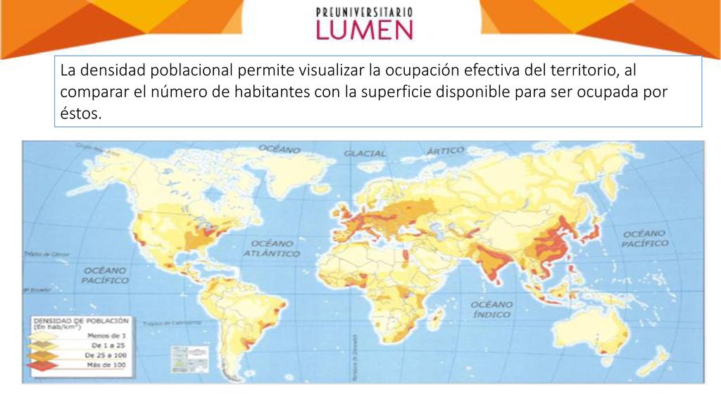 La densidad poblacional permite visualizar la ocupación efectiva del territorio, al comparar el número de habitantes con la superficie disponible para ser ocupada por éstos.