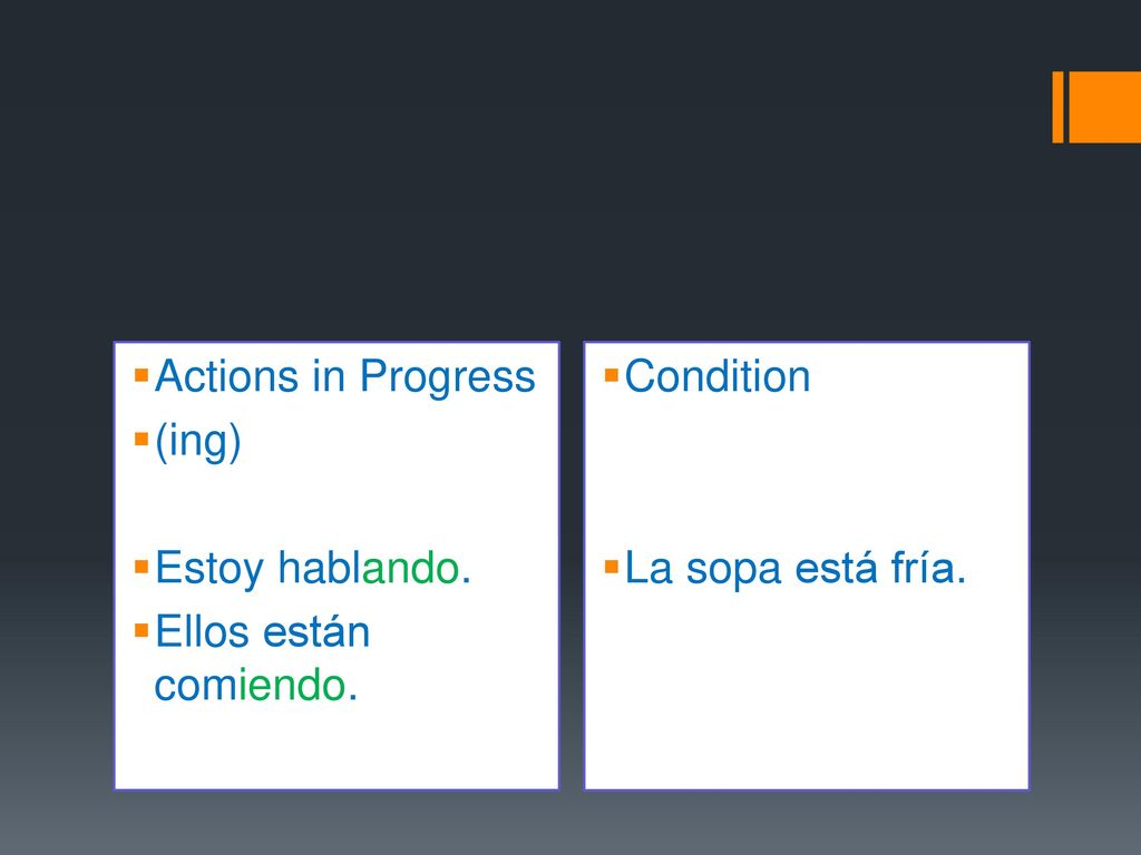 Actions in Progress (ing) Estoy hablando. Ellos están comiendo. Condition La sopa está fría.