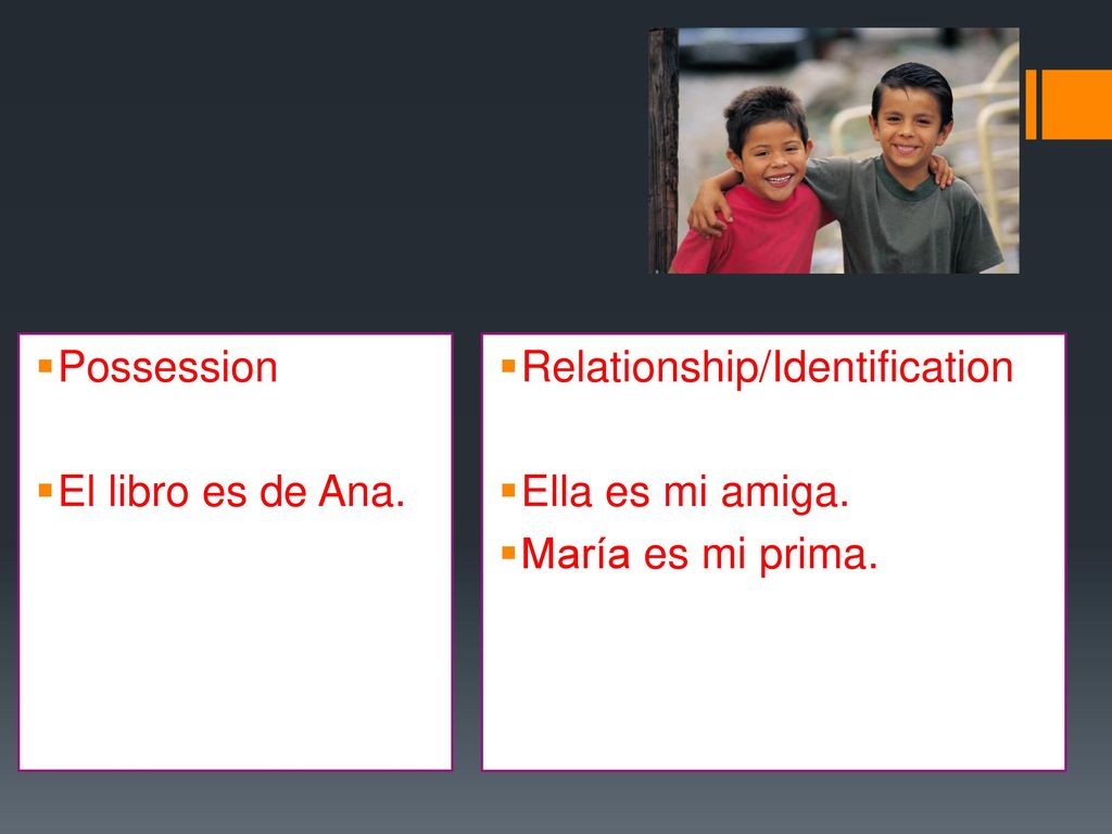 Possession El libro es de Ana. Relationship/Identification Ella es mi amiga. María es mi prima.
