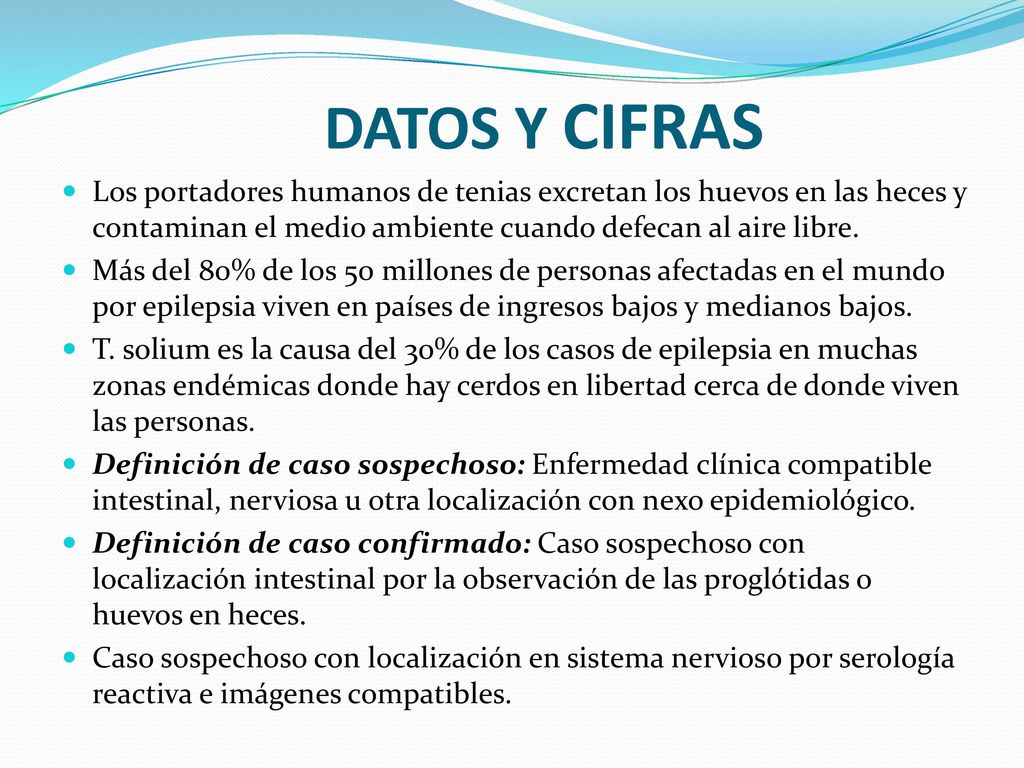 DATOS Y CIFRAS Los portadores humanos de tenias excretan los huevos en las heces y contaminan el medio ambiente cuando defecan al aire libre.