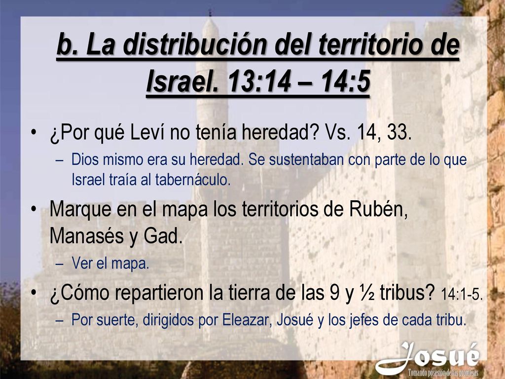 b. La distribución del territorio de Israel. 13:14 – 14:5
