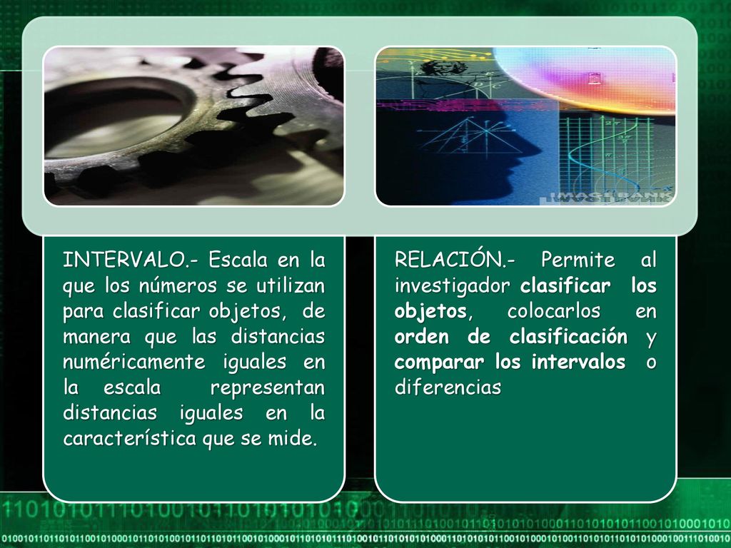 INTERVALO.- Escala en la que los números se utilizan para clasificar objetos, de manera que las distancias numéricamente iguales en la escala representan distancias iguales en la característica que se mide.