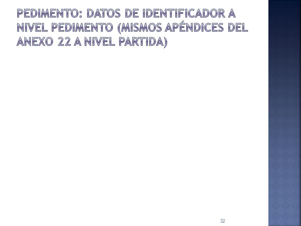 Pedimento: datos de identificador a nivel pedimento (mismos apéndices del anexo 22 a nivel partida)