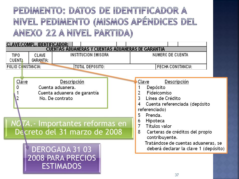 Pedimento: datos de identificador a nivel pedimento (mismos apéndices del anexo 22 a nivel partida)