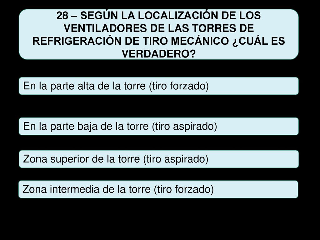 28 – SEGÚN LA LOCALIZACIÓN DE LOS VENTILADORES DE LAS TORRES DE REFRIGERACIÓN DE TIRO MECÁNICO ¿CUÁL ES VERDADERO