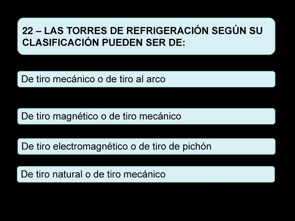 22 – LAS TORRES DE REFRIGERACIÓN SEGÚN SU CLASIFICACIÓN PUEDEN SER DE: