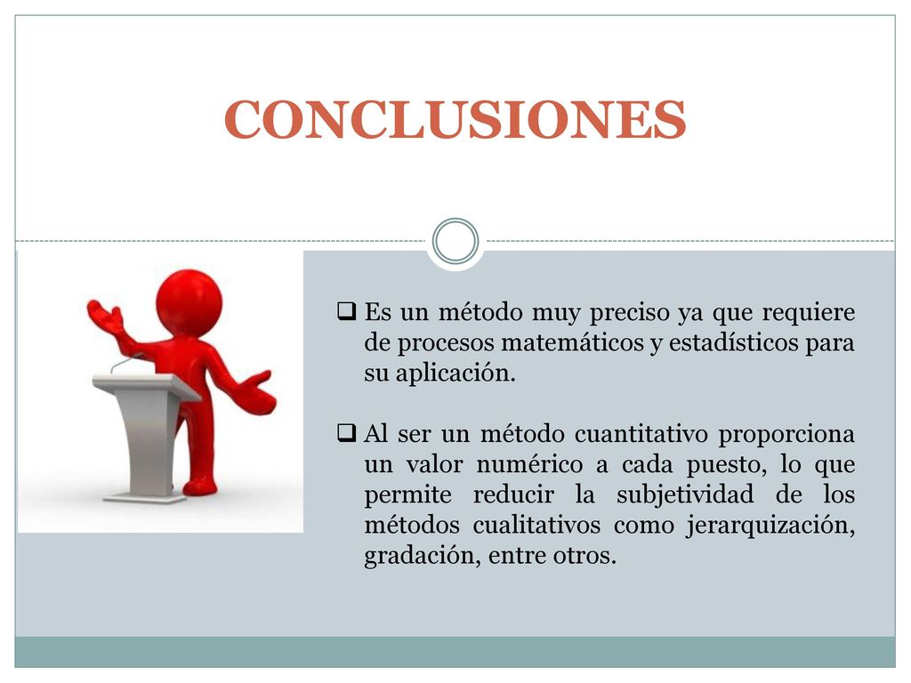 CONCLUSIONES Es un método muy preciso ya que requiere de procesos matemáticos y estadísticos para su aplicación.