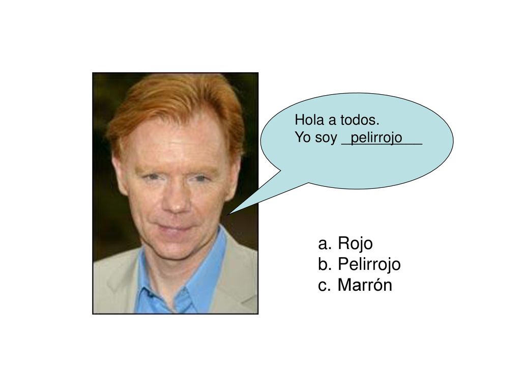 Hola a todos. Yo soy __________ pelirrojo Rojo Pelirrojo Marrón