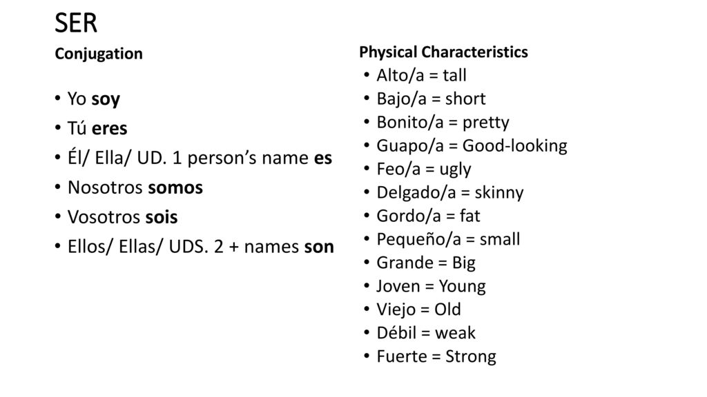 SER Yo soy Tú eres Él/ Ella/ UD. 1 person’s name es Nosotros somos